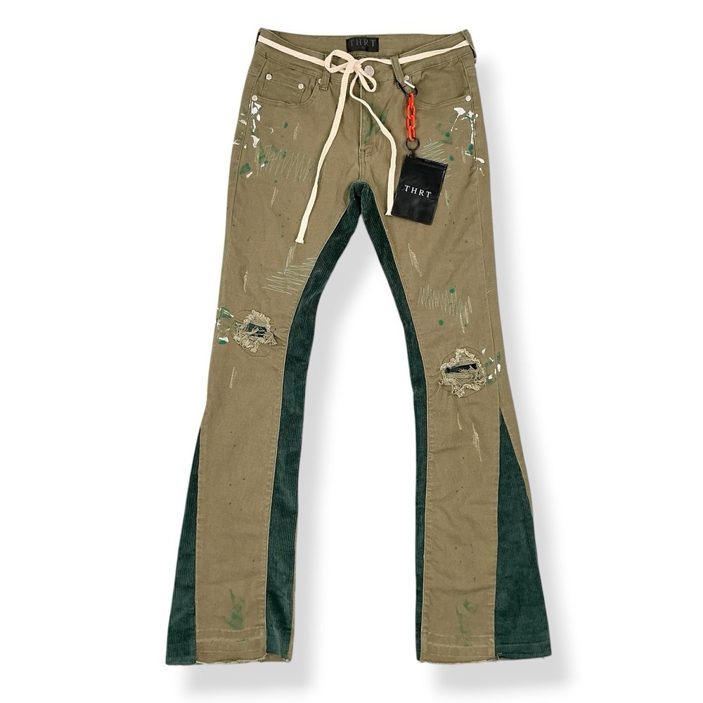 THRT Jeans Men 32 (ACTUAL 29x32) Green Slim Flare Distressed Raw Hem NWT